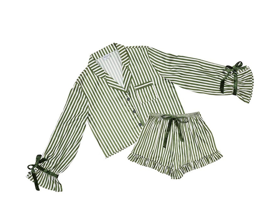 Bella Sleep + Spa Velvet Bow Green Stripe Cropped PJ Set