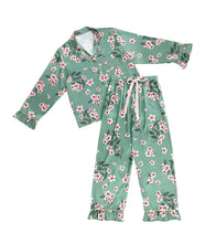 Load image into Gallery viewer, Bella Full Length Ruff Green Cherry PJ Set
